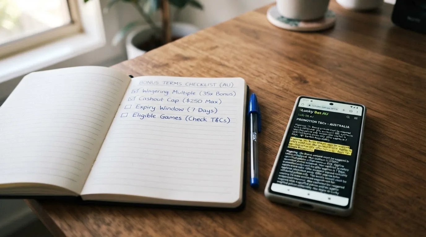A notebook with a handwritten checklist — wagering, cashout cap, expiry, eligible games — beside a smartphone showing a casino terms page