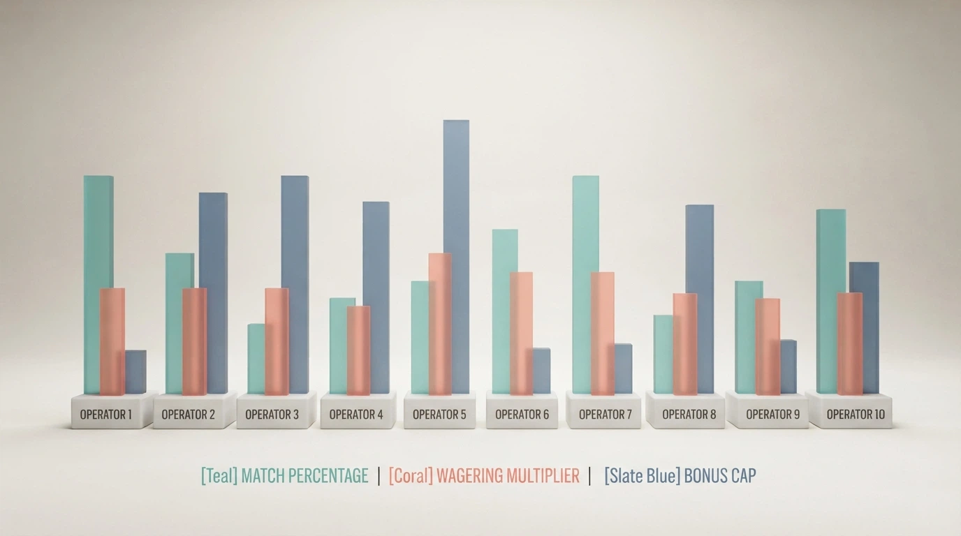 A horizontal comparison graphic with operator names and simplified visual bars for match percentage, wagering multiplier and bonus cap, no brand logos shown