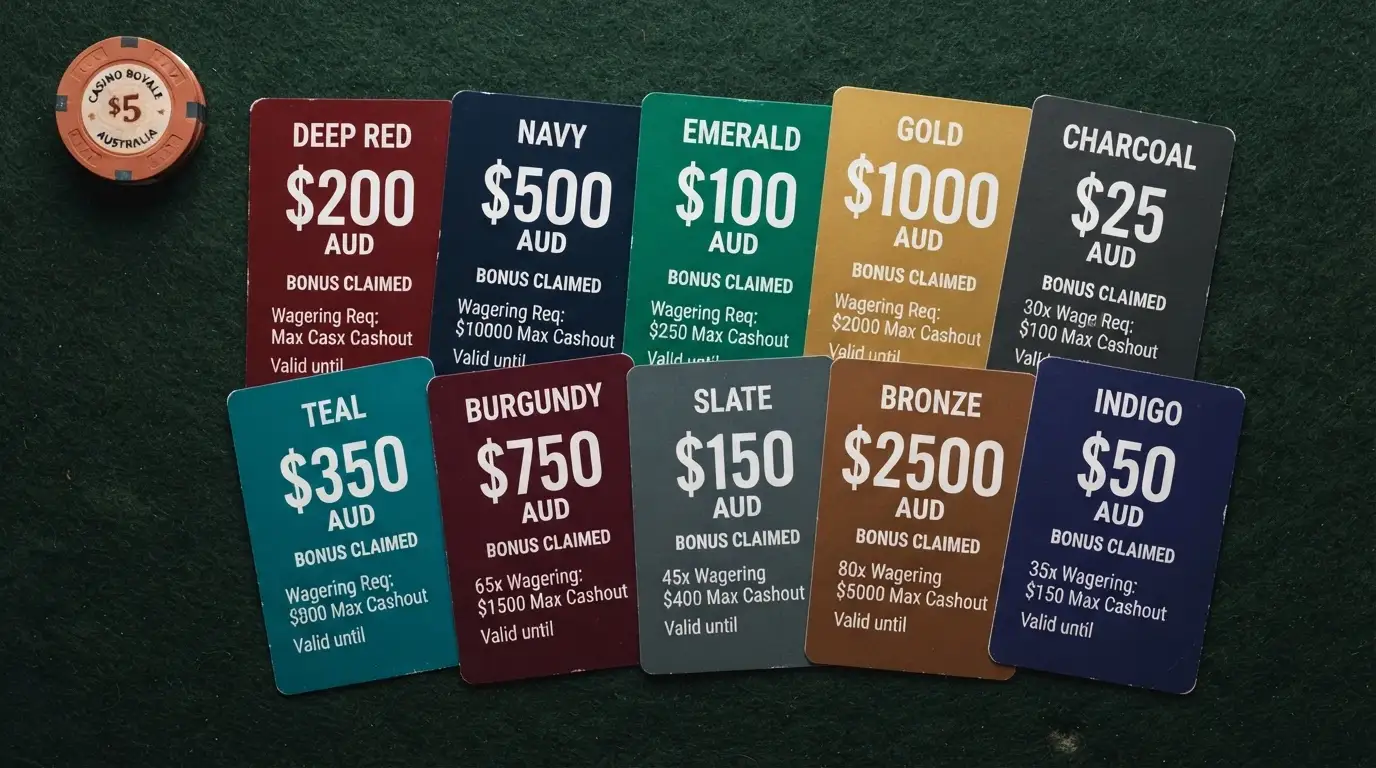 A side-by-side stack of casino-branded bonus cards showing different free-spin and free-chip amounts in Australian dollars