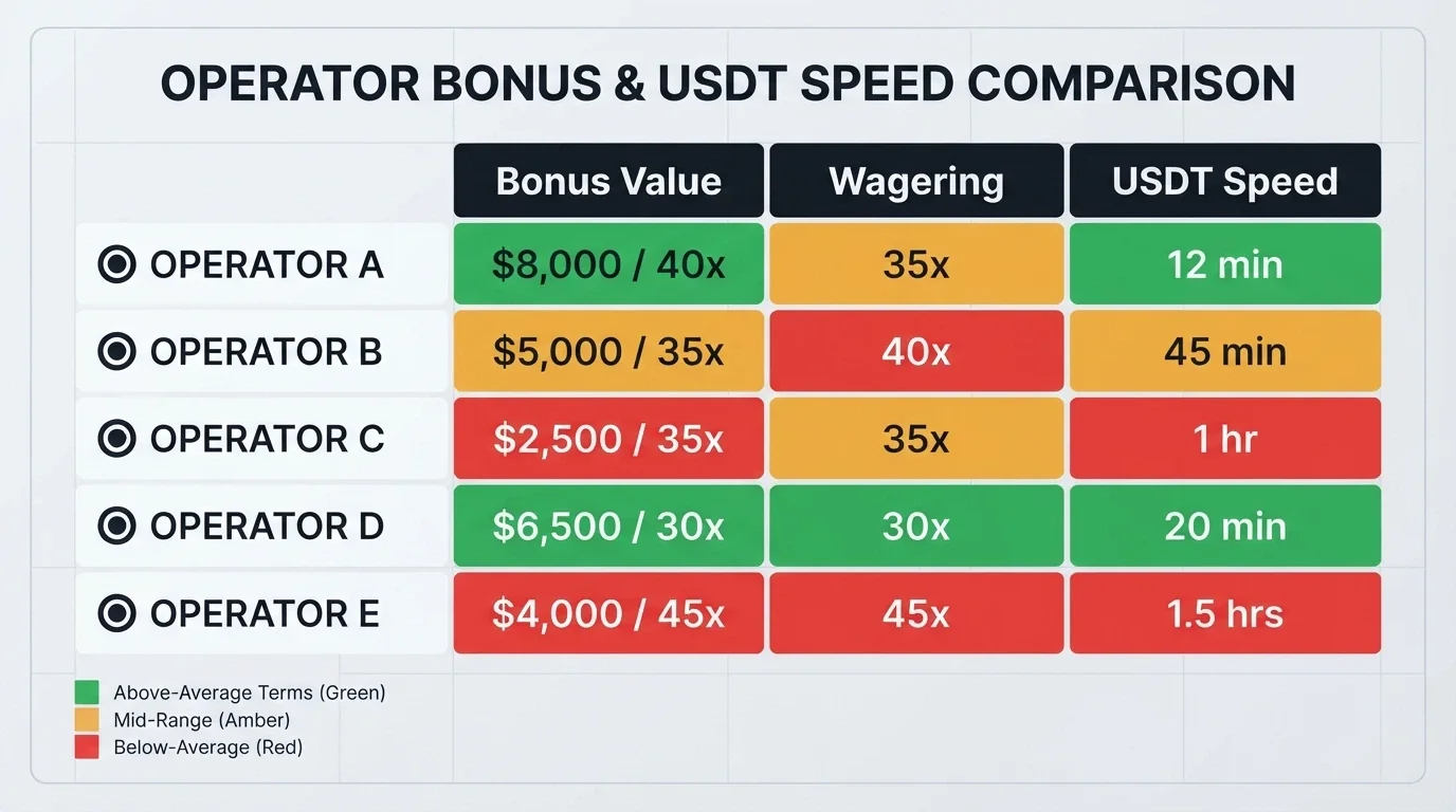 A comparison-table graphic with operator logos in the left column and colour-coded cells for bonus value, wagering and USDT speed across the rows