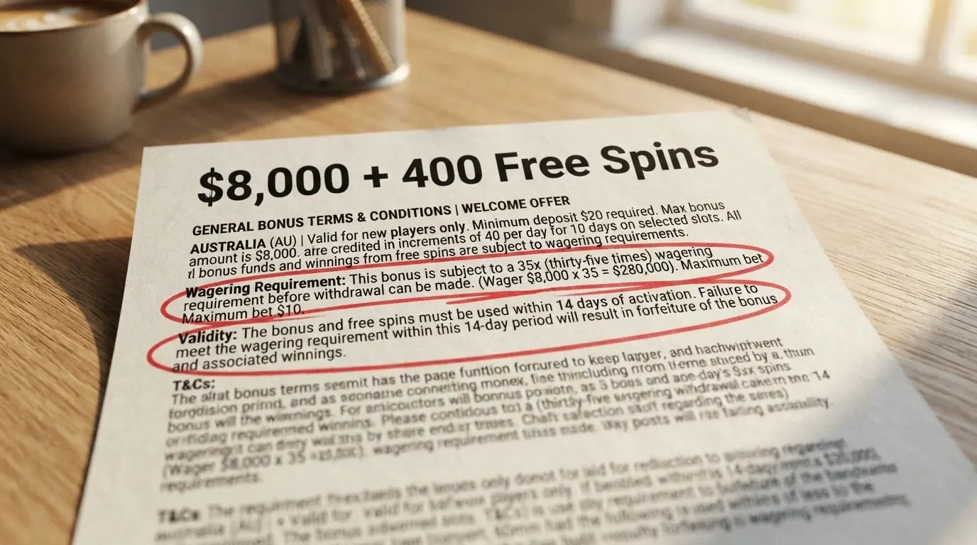 A close-up of a casino bonus terms panel with the welcome amount highlighted in large type and the wagering requirement and validity window circled in red below it