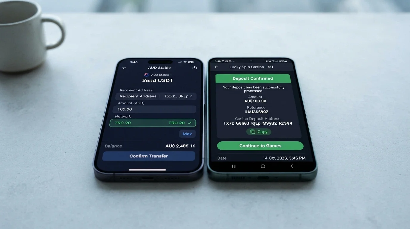 A split-screen illustration: on the left a mobile wallet app showing a USDT TRC-20 send screen, on the right a casino cashier page showing a deposit address and a “Deposit confirmed” notification