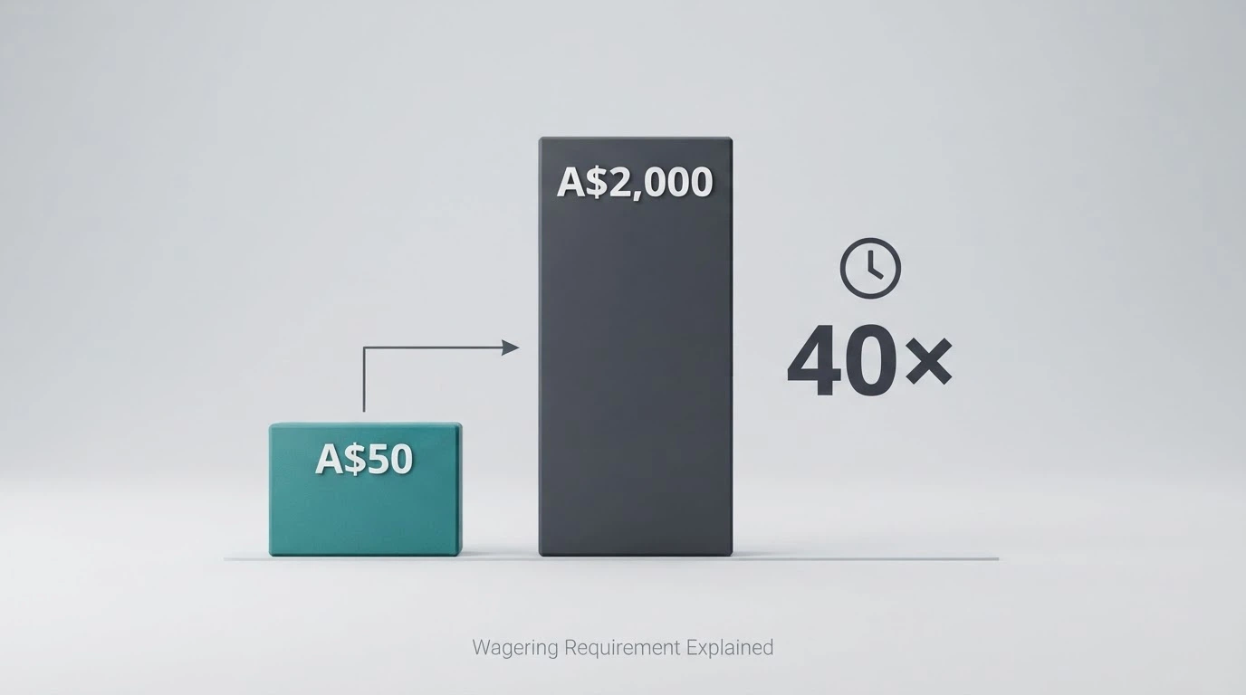 A visual breakdown showing how a 40x wagering requirement on a A$50 bonus generates A$2,000 of required turnover