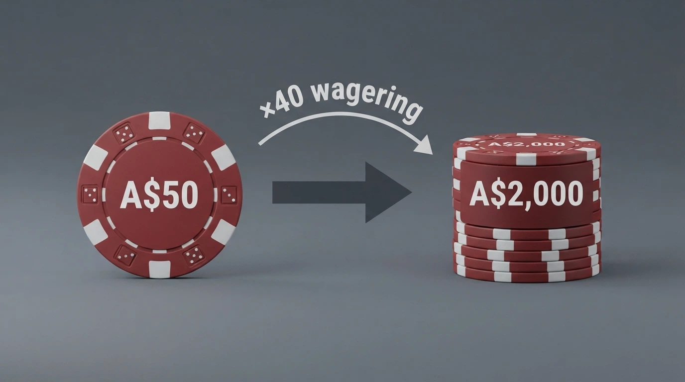 A simple visual comparison: a bonus chip marked A$50 on the left, an arrow labelled “×40 wagering”, and a stack marked A$2,000 turnover required on the right