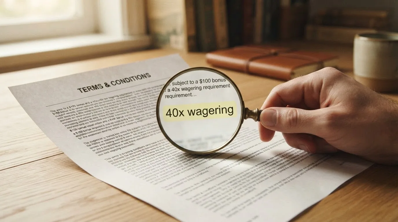 A close-up of a magnifying glass over a terms-and-conditions document, with “$100 bonus” visible above and “40x wagering” highlighted in the lens