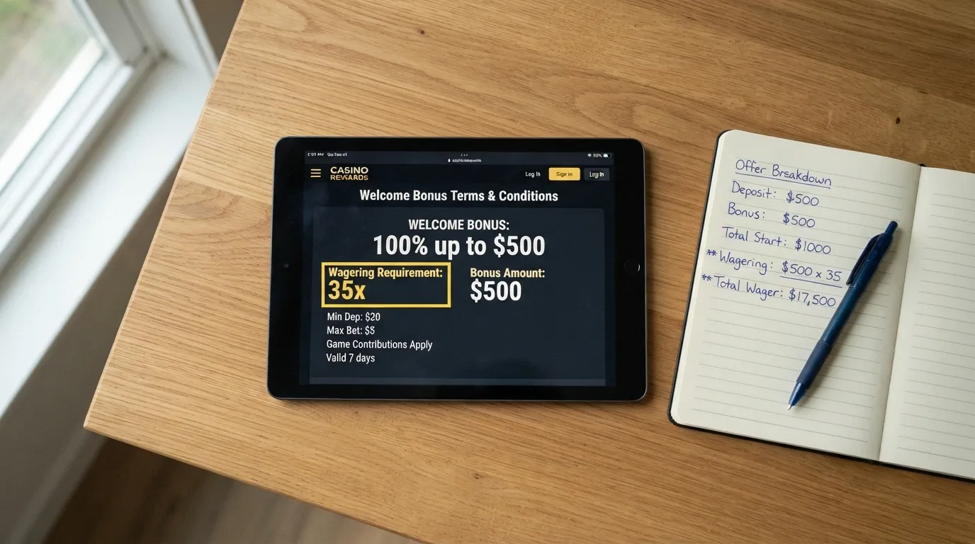 An iPad screen with a bonus-terms overlay showing a highlighted wagering multiplier (35x) next to a bonus amount, a pen-and-paper calculation beside the iPad