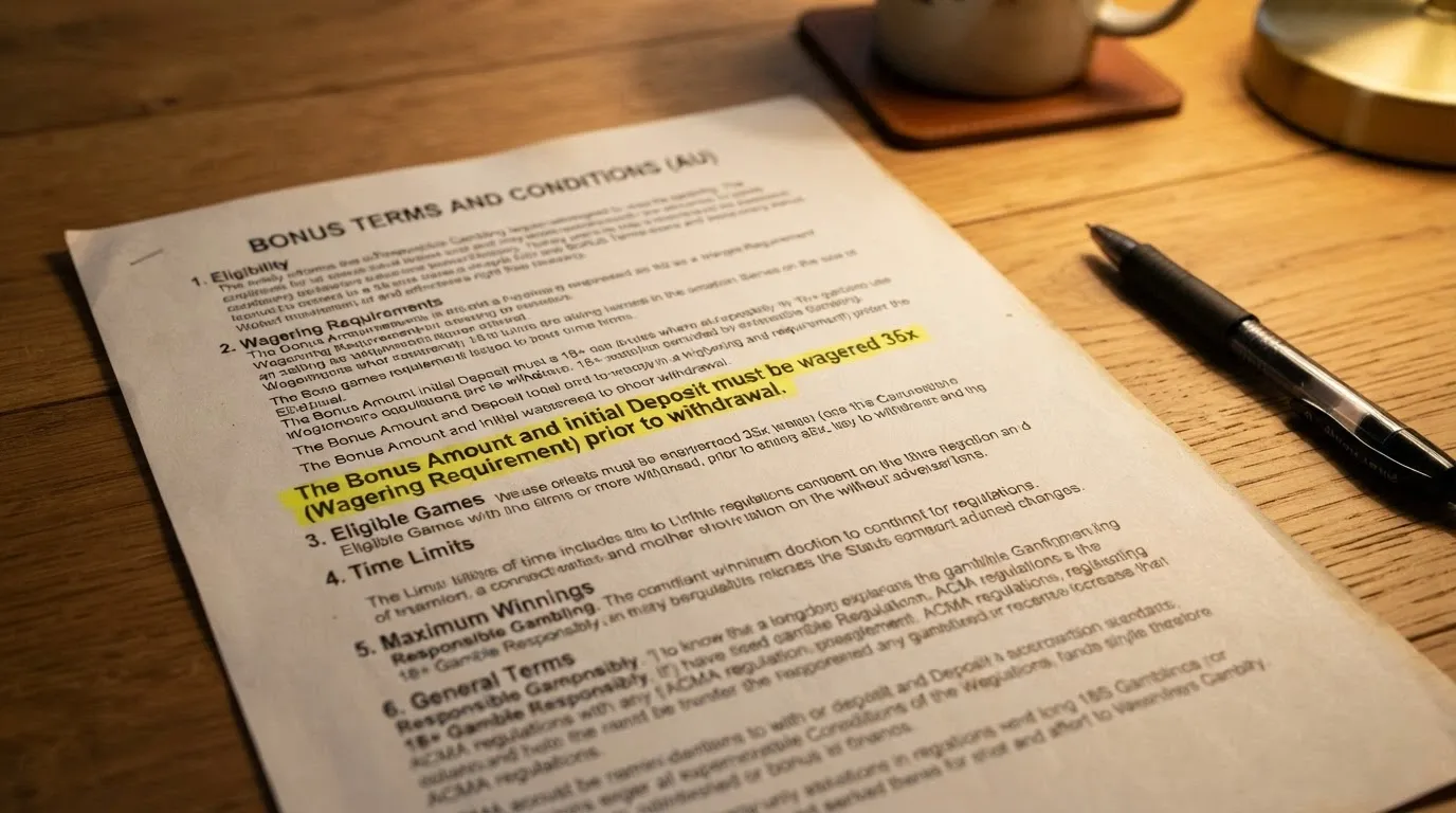 A close-up of a casino bonus terms page with a wagering multiplier highlighted