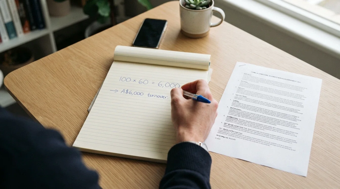 A notepad with handwritten wagering arithmetic — bonus amount multiplied by playthrough — next to a calculator and a casino terms page