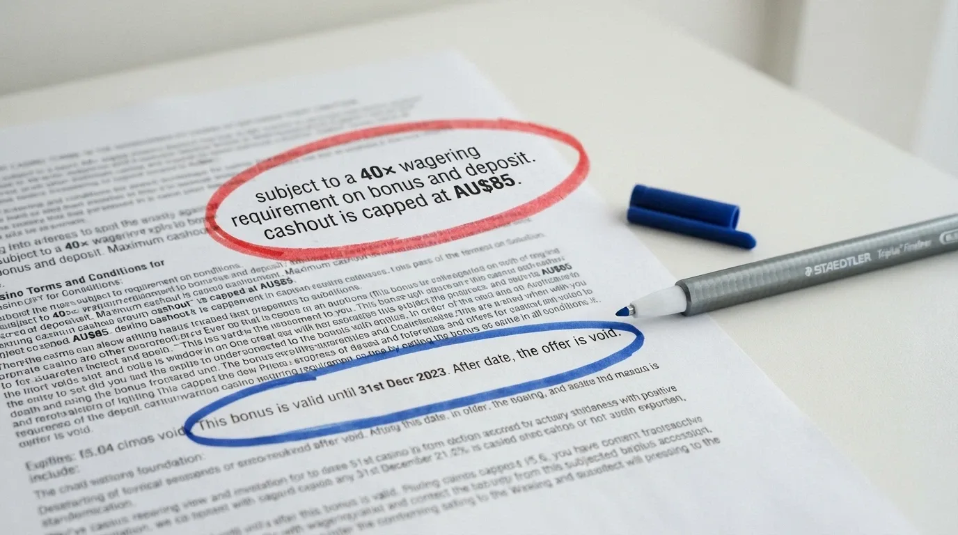 A close-up of bonus terms and conditions text with a wagering-multiple figure and a max-cashout amount circled