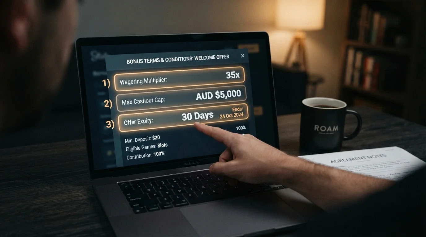 A close-up of a bonus terms panel on a casino page, with the wagering multiplier, cashout cap and expiry date highlighted