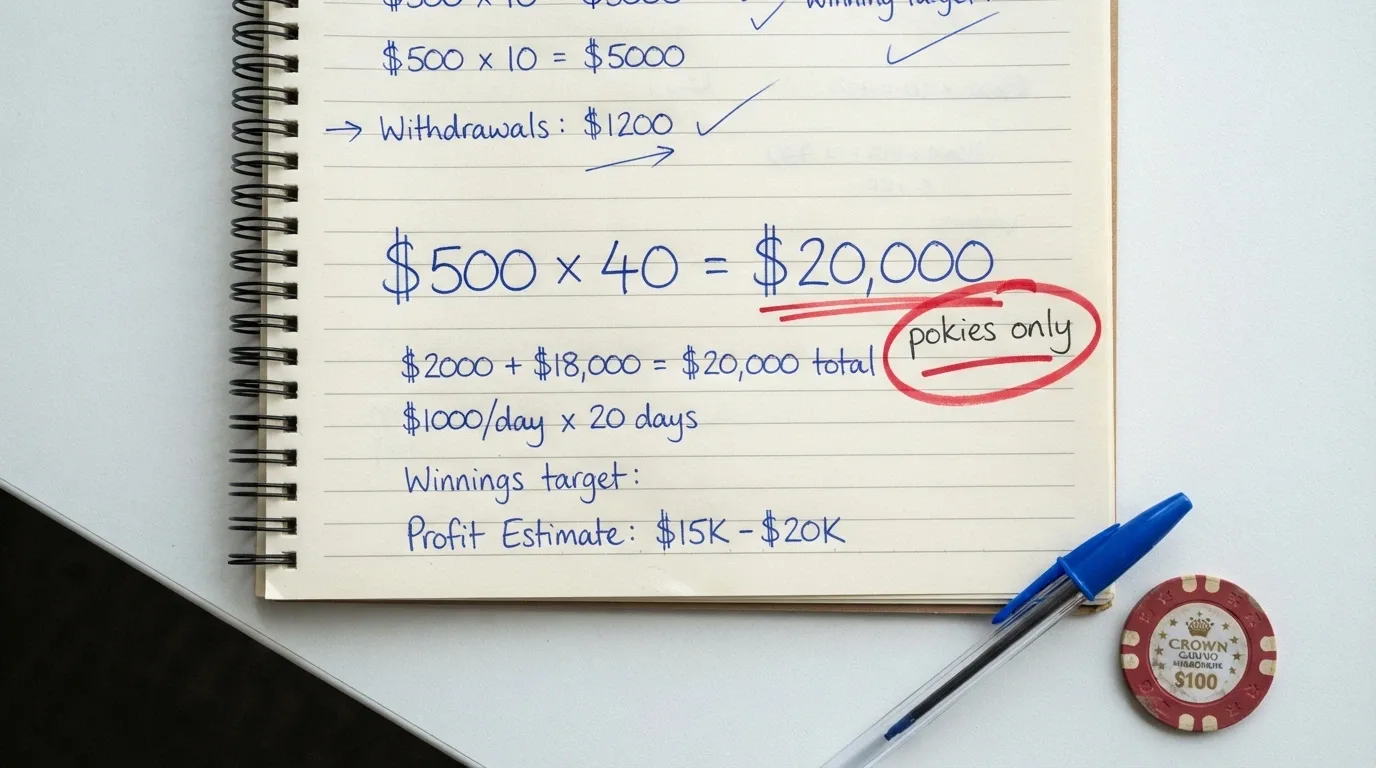 A notepad showing the maths: A$500 bonus × 40x wagering = A$20,000 in required turnover, with “pokies only” highlighted in the fine print beside it
