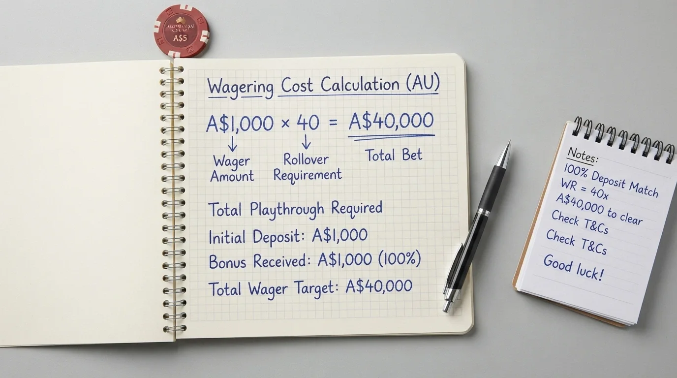 A visual breakdown showing how a A$1,000 bonus at 40x wagering becomes A$40,000 in required turnover before a dollar can be withdrawn