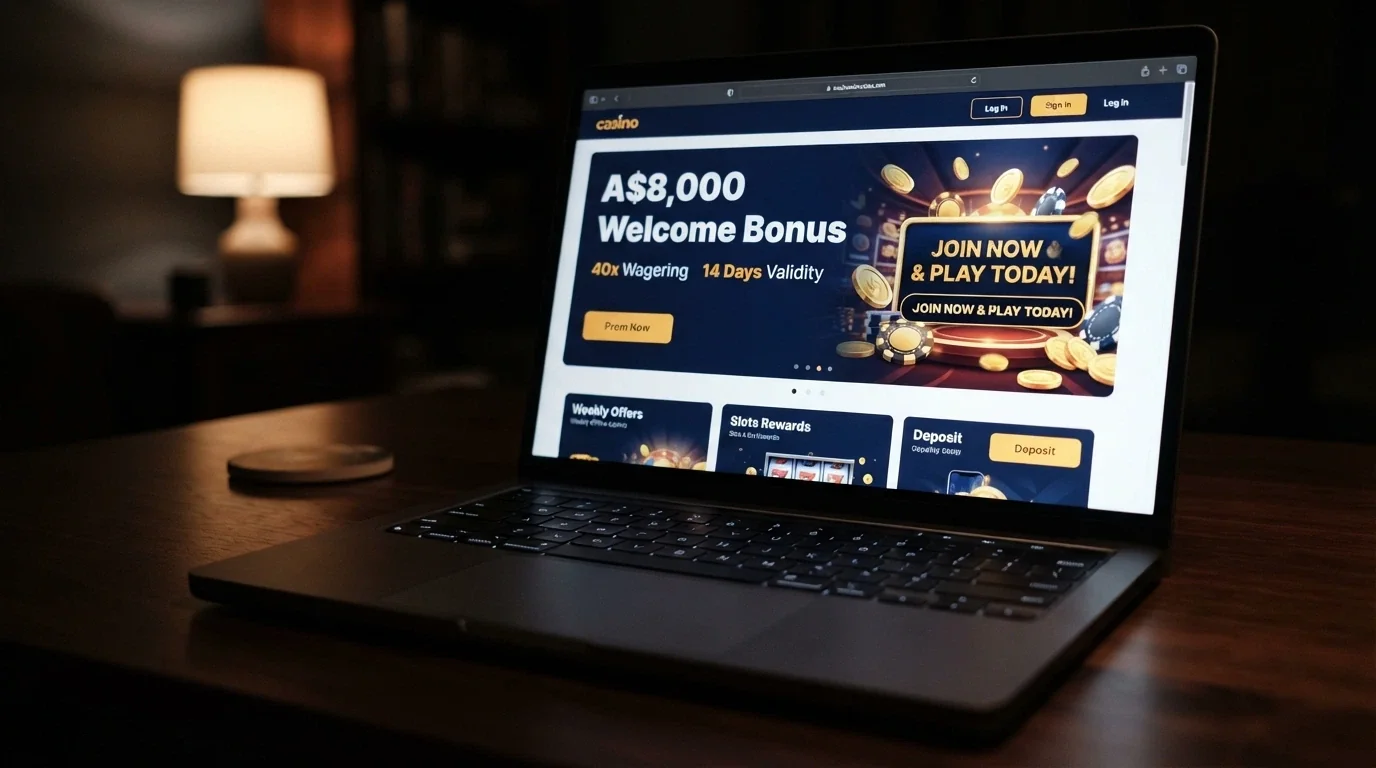 A close-up of a casino promotions page showing a bold “A$8,000 Welcome Bonus” headline with the 40x wagering condition highlighted in smaller text beneath