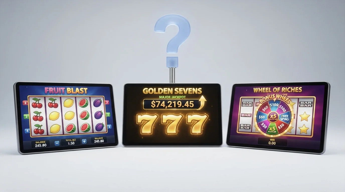 Three 3-reel pokie screens side by side — a fruit machine, a progressive-jackpot title and a bonus-round game — with a question mark icon above them